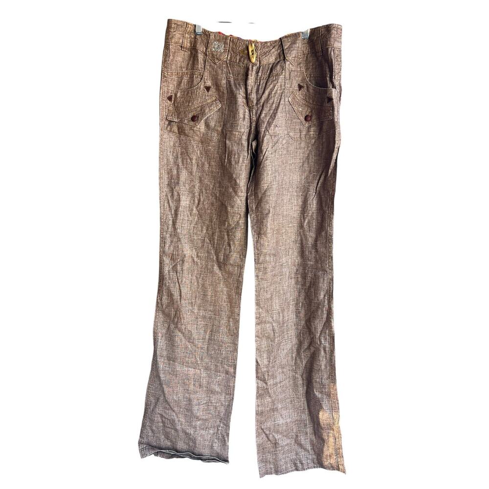 Raison D'etre Women's Pants Wide Leg 100% Linen Brown Pockets Size 31 NEW